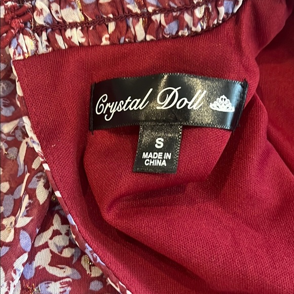 Crystal Doll Small Maroon Short Slewve Floral Mock Neck Dress - Picture 3 of 14